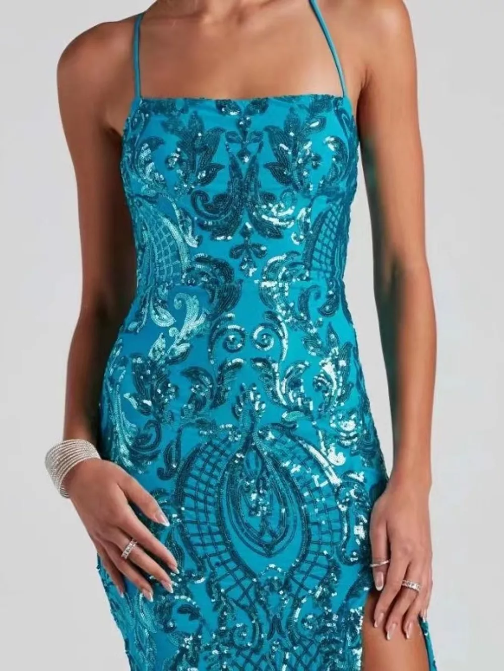 Sequin Embellished Bodycon Backless Evening Dress with Back Lace-Up, image 3