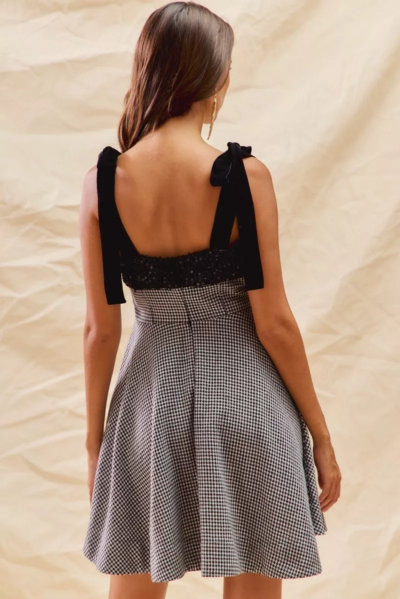 Houndstooth Fit Flare Mini Dress with Shoulder Tie, image 15