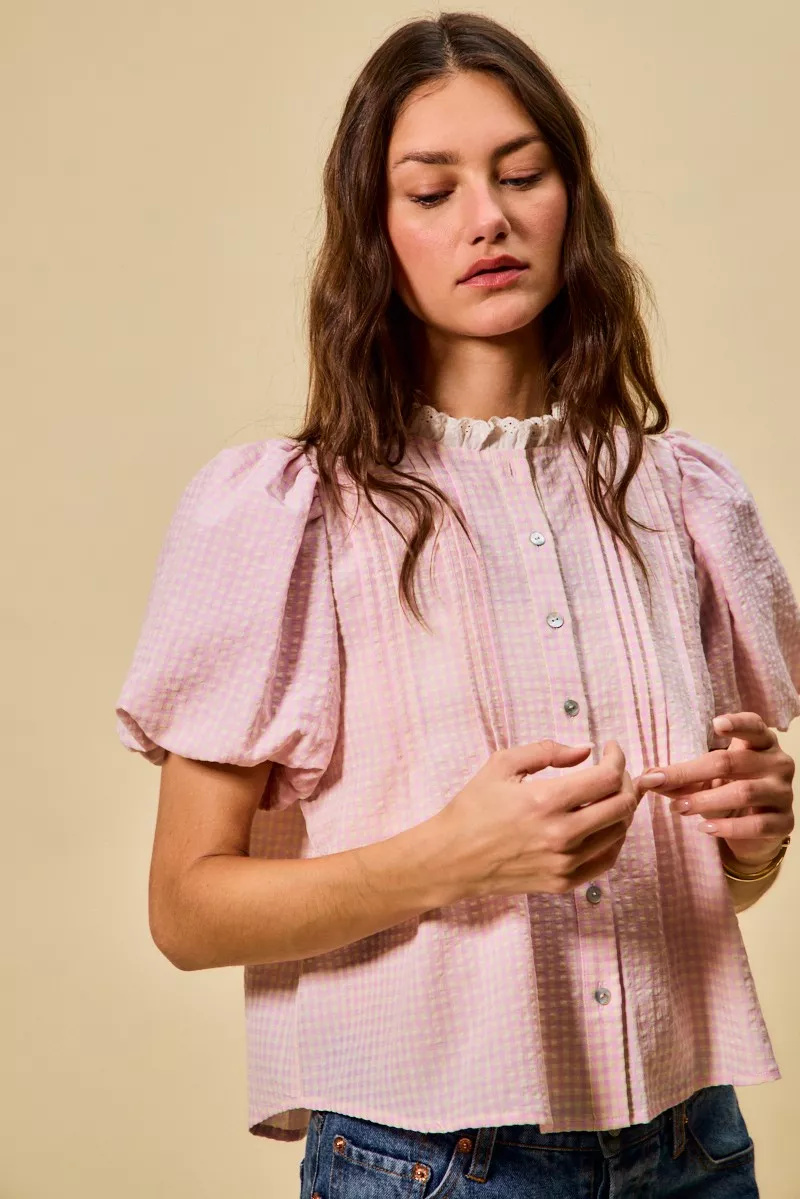 Gingham Lace Trim Button Bubble Sleeves Blouse, image 14