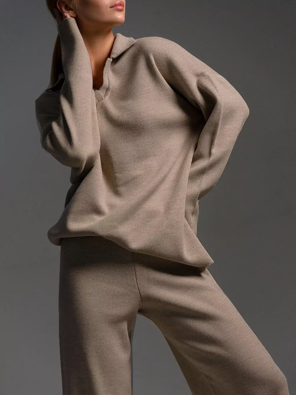Polo Collar Top and Wide-Leg Pants Set, image 11