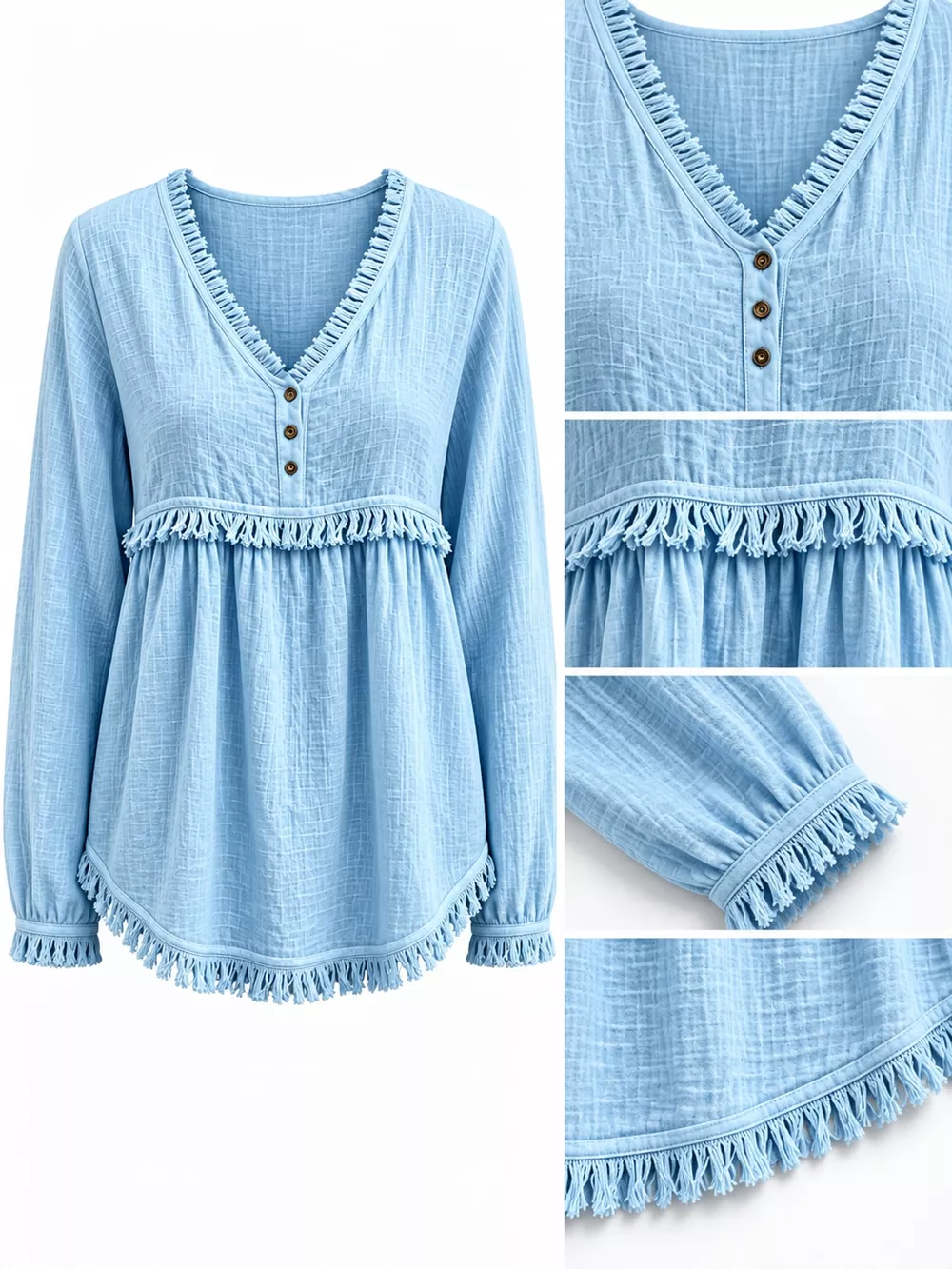 Full Size Fringed Trim V-Neck Long Sleeve Blouse Plus Size, image 32
