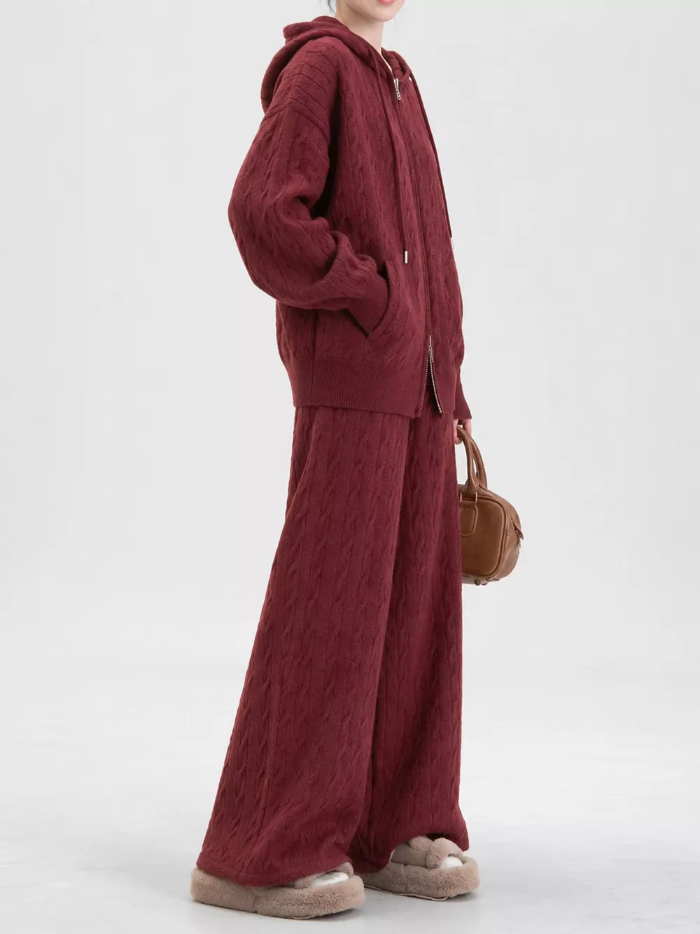 Cable Knit Zip-Up Hooded Cardigan and Wide-Leg Pants Sweater Set, image 24