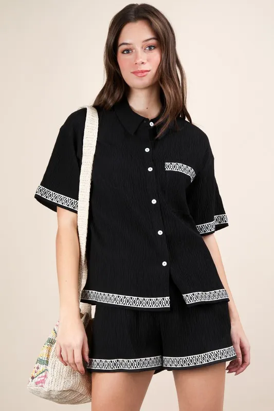 Crinkled Woven Shirt Top & Shorts Set
