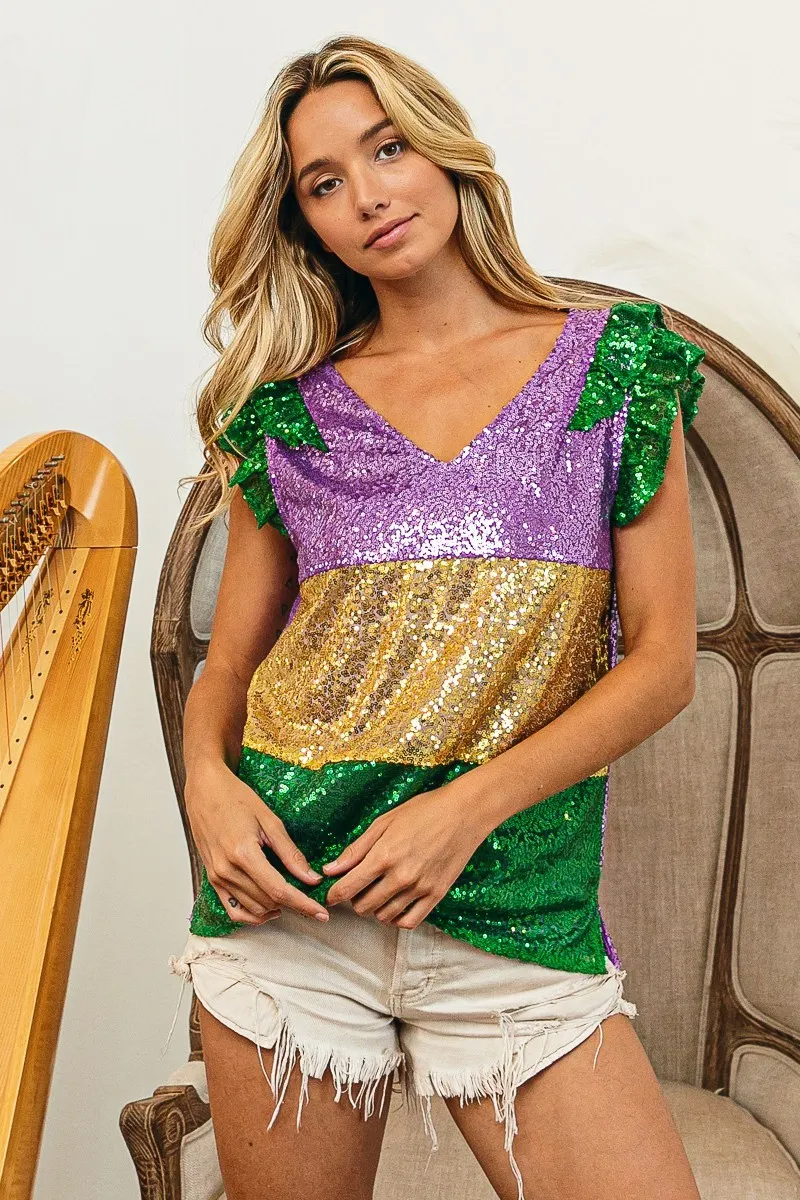 Mardi Gras Sequin Color Block Ruffled Top, image 20