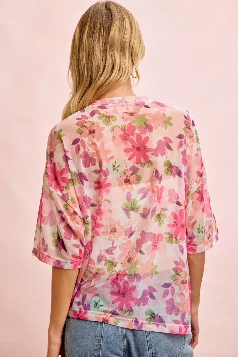 Floral Print Short Sleeves Boxy Mesh Top, image 14