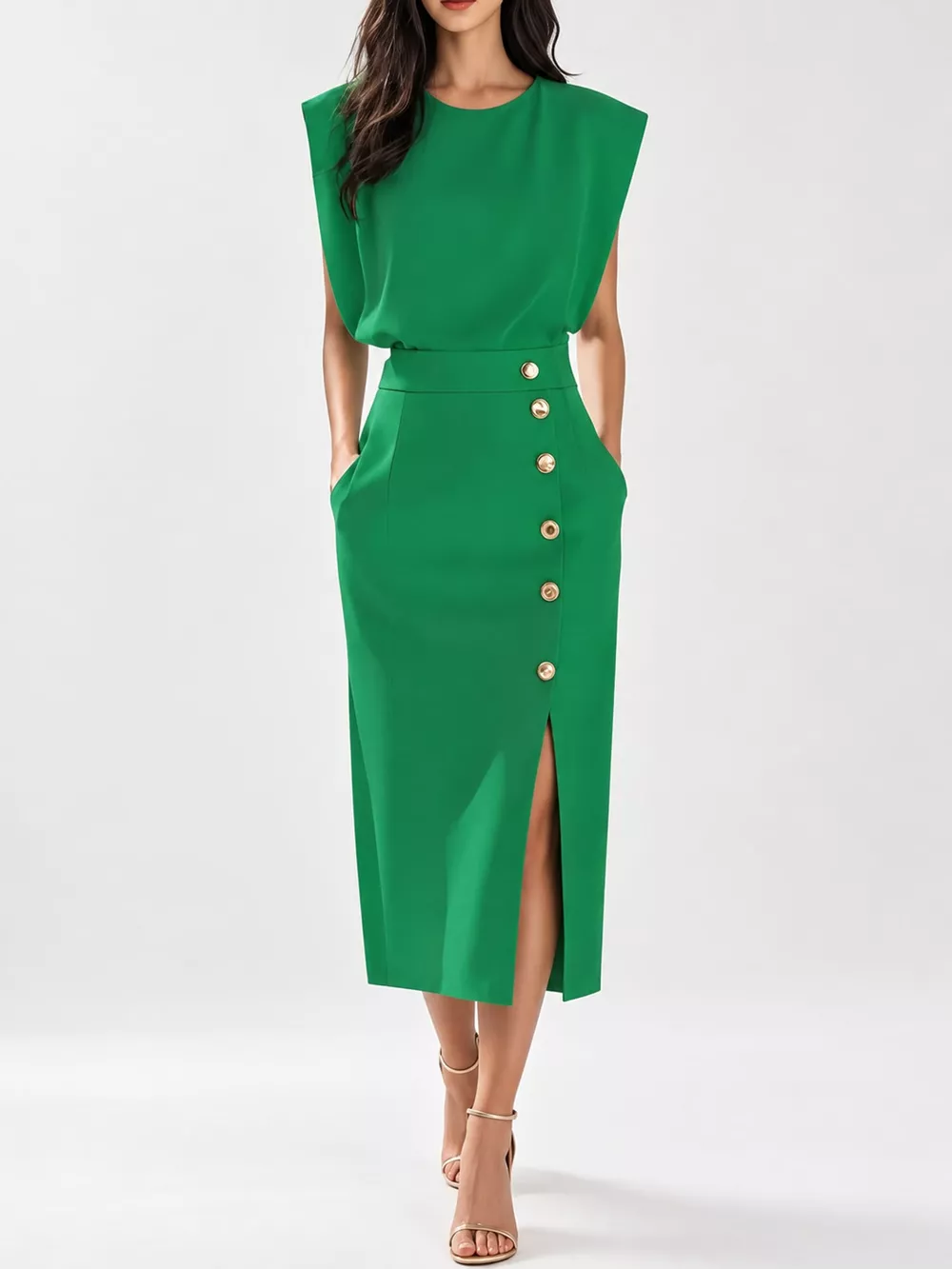 Sleeveless Midi Dress with Gold Button Detail and Side Slit, image 16