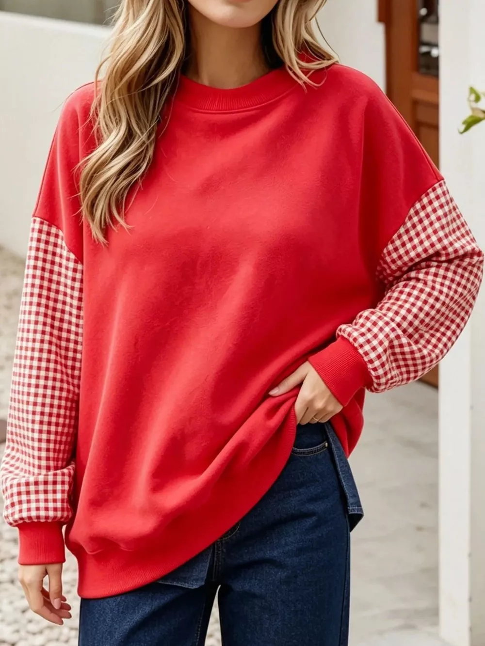 Plaid Dropped Shoulder Sweatshirt, image 4
