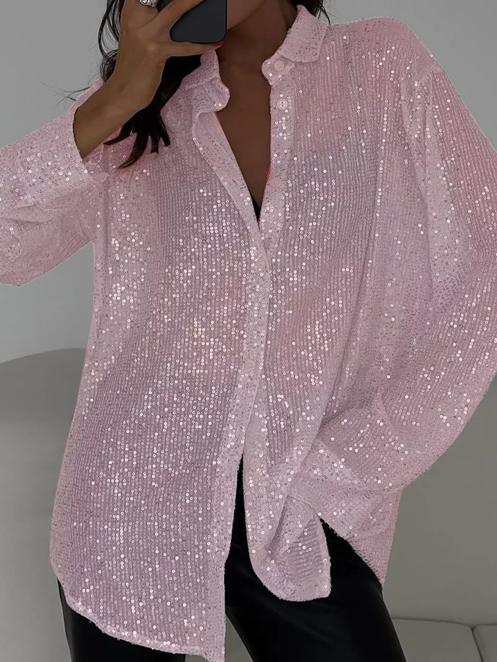 Full Size Sequin Button-Down Shirt Plus Size, image 40
