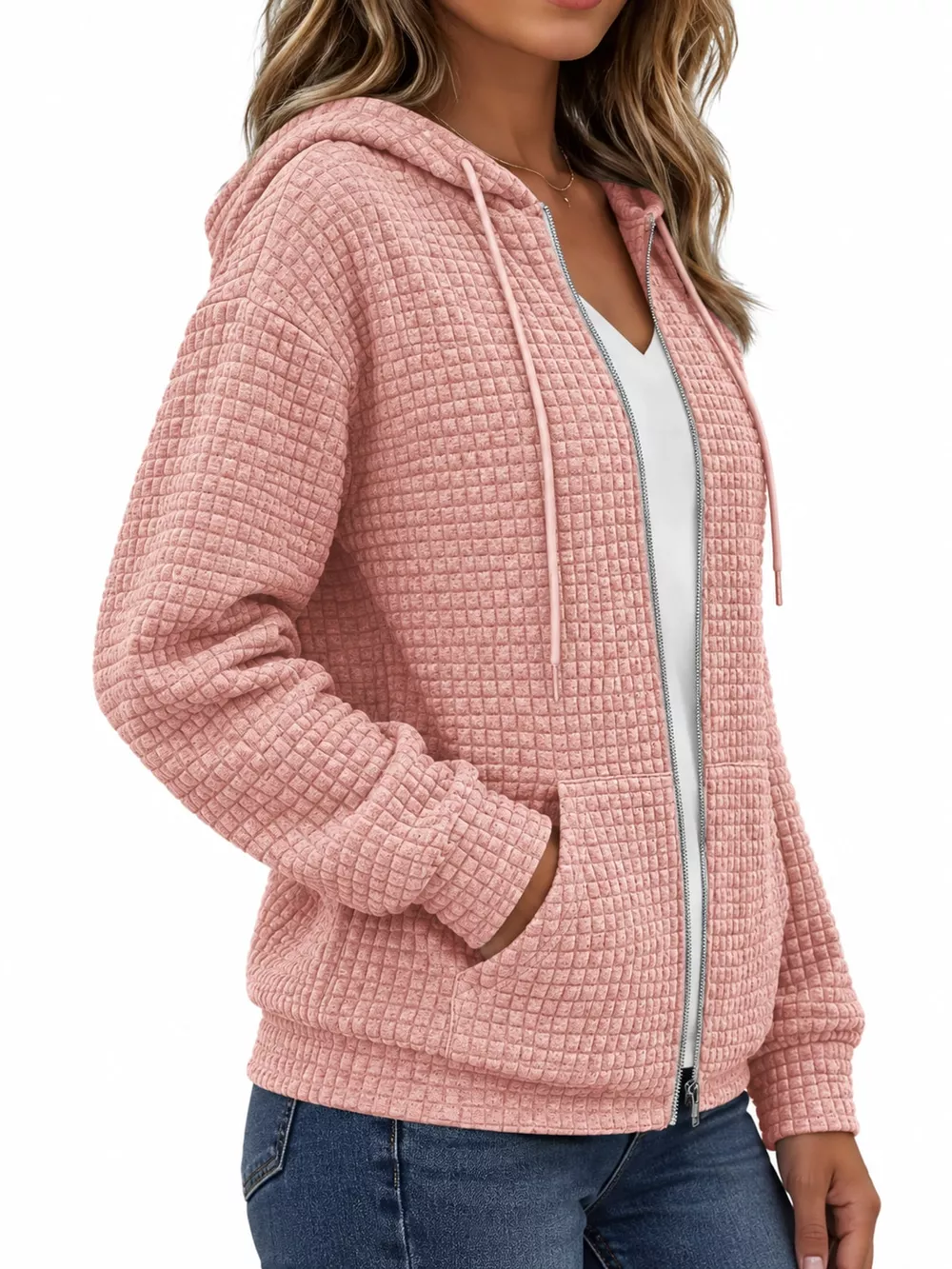 Waffle Knit Zip-Up Hoodie with Drawstring and Pockets, image 23