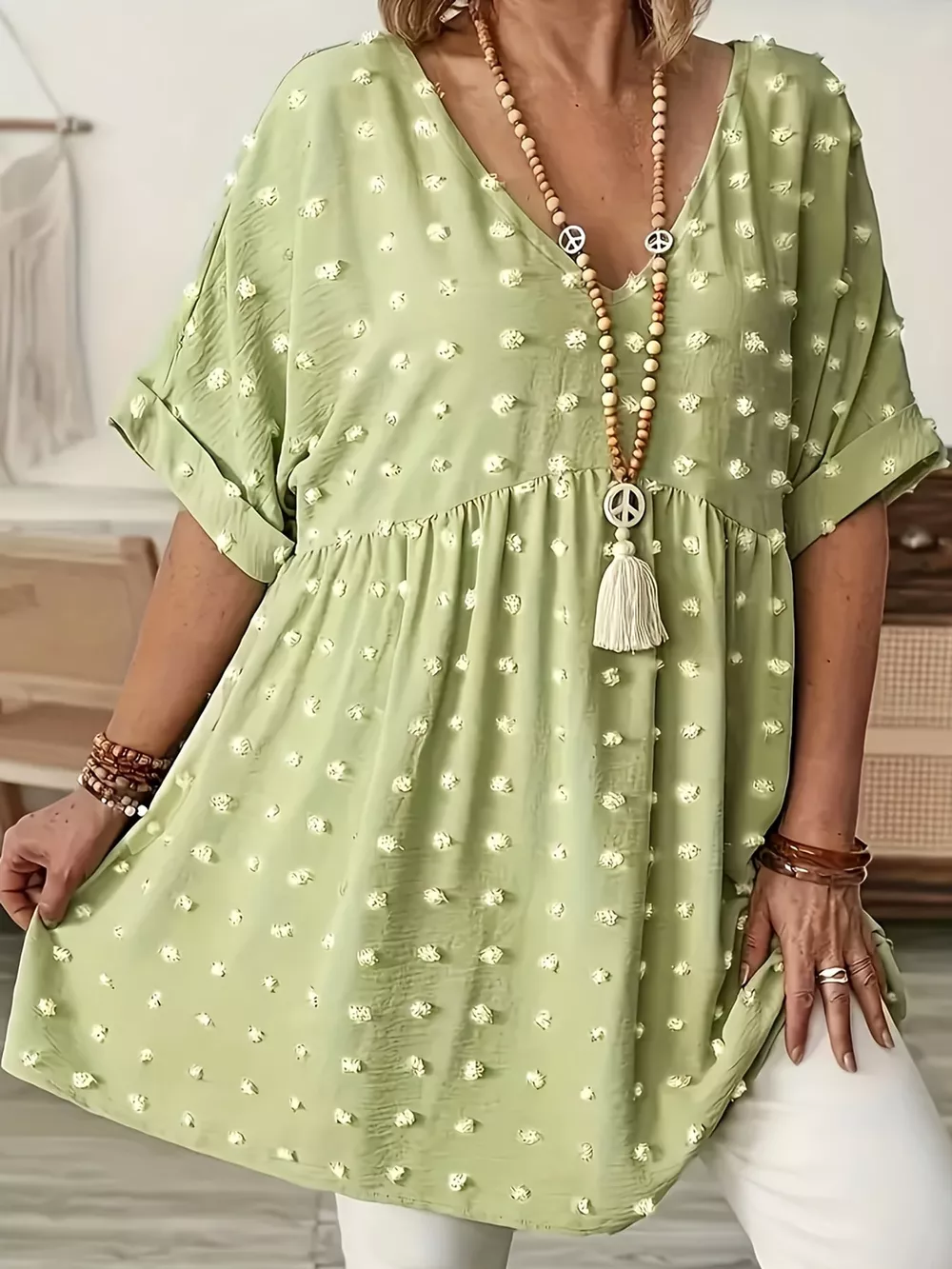 Plus Size Swiss Dot V-Neck Casual Blouse