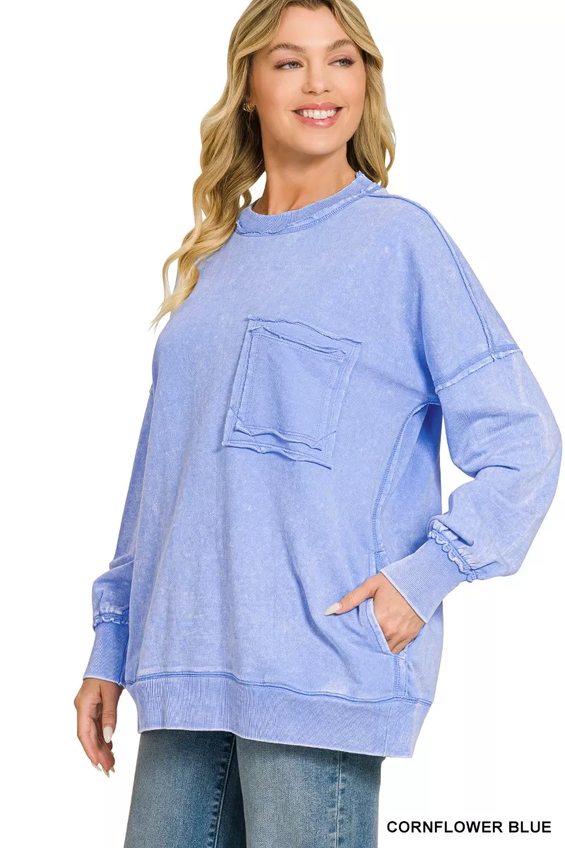 Zenana Acid Wash Raw Edge French Terry Sweatshirt with Front Pocket, image 2
