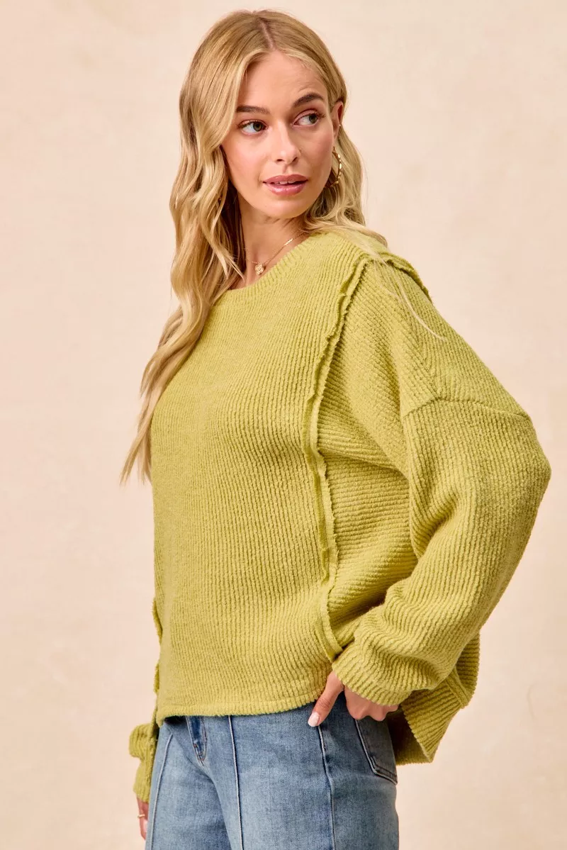 Boucle Rib Knit Uneven Hem Sweater With Open Seam, image 14