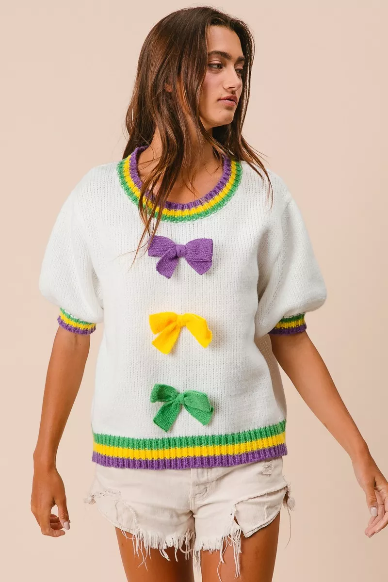 Short Puff Sleeve Ribbon Bow Mardi Gras Sweater, image 15