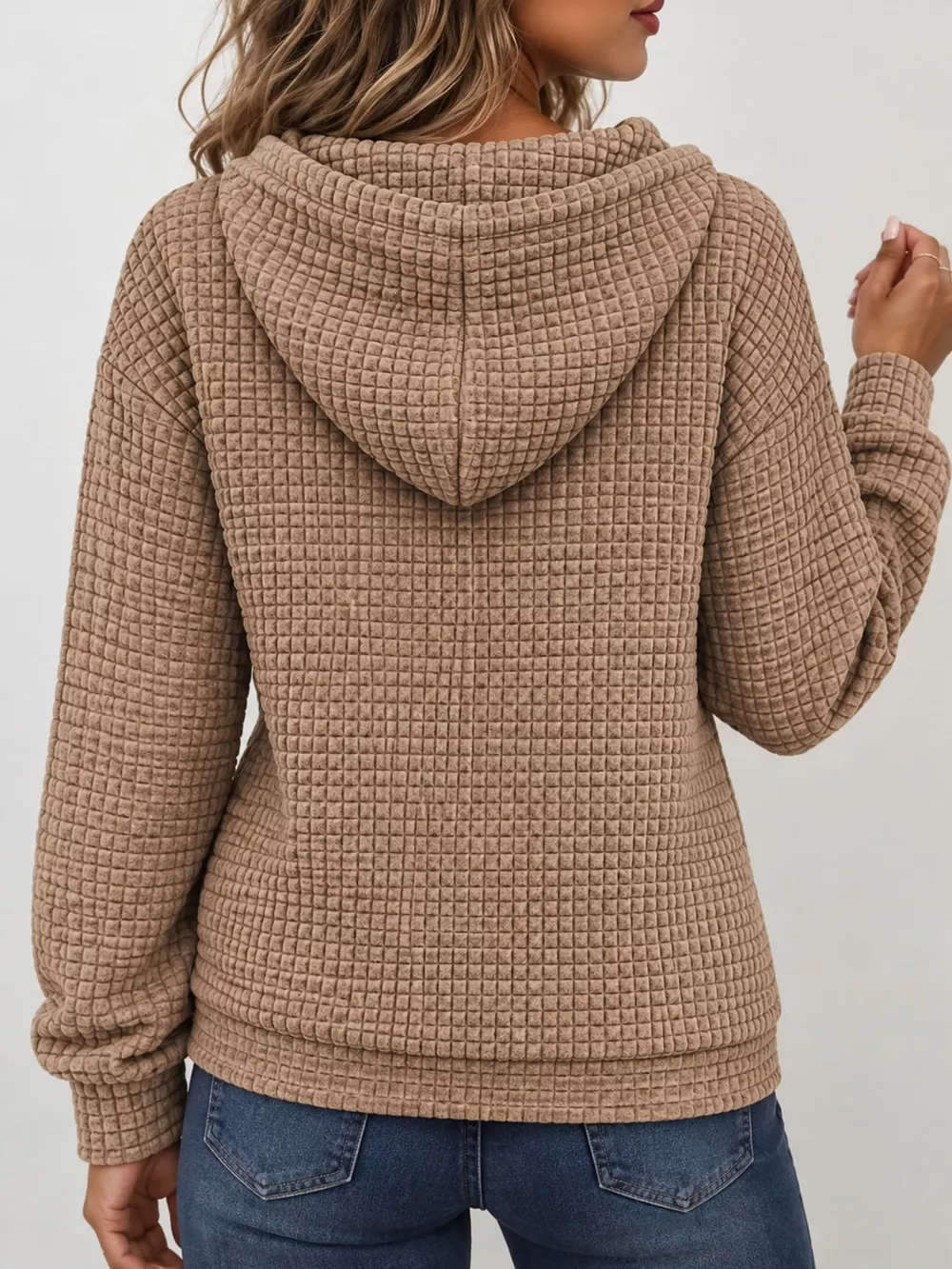 Waffle Knit Zip-Up Hoodie with Drawstring and Pockets, image 21