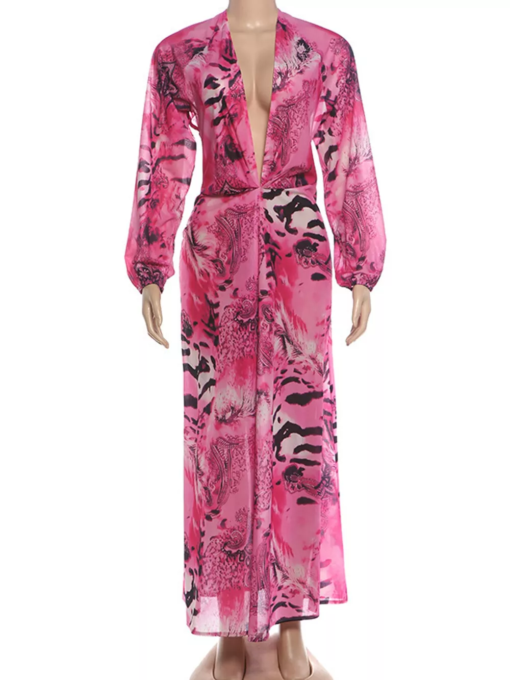 Deep V-Neck Long Sleeve Printed Maxi Dress, image 15