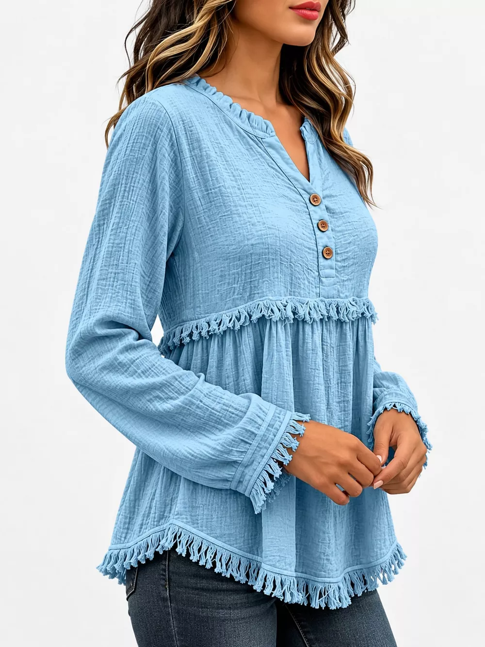 Full Size Frayed Hem Button Detail Blouse Plus Size, image 27