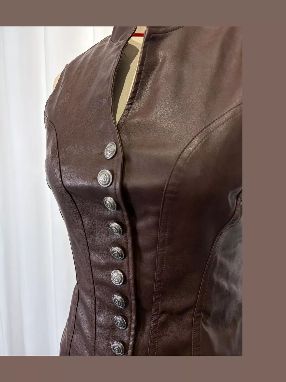 Slim-Fit Faux Leather Button-Down Vest Coat, image 8