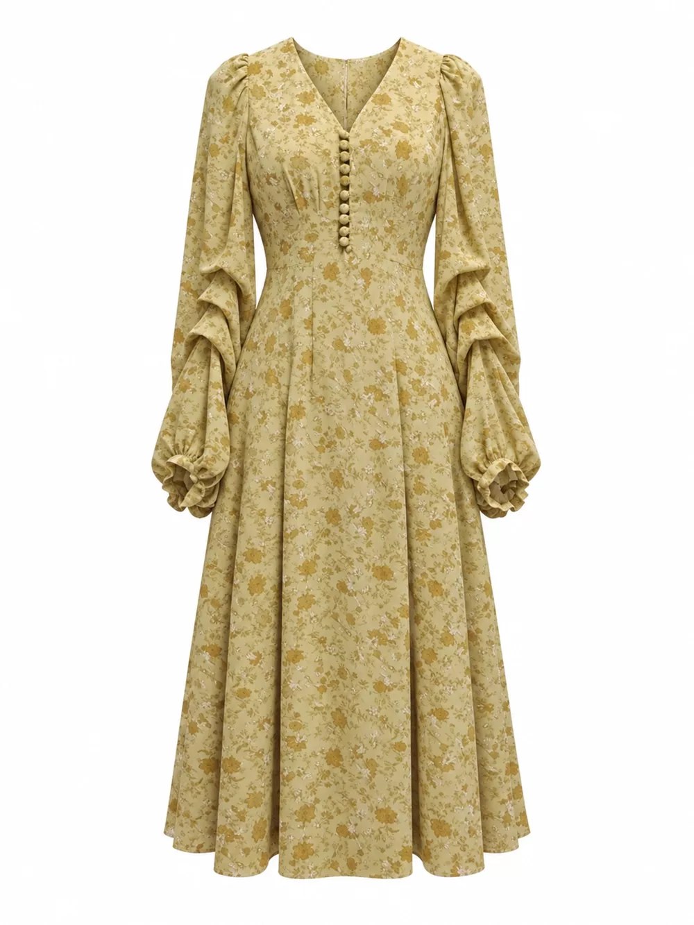 Vintage Floral Print V-Neck Long Sleeve Button-Down Midi Dress