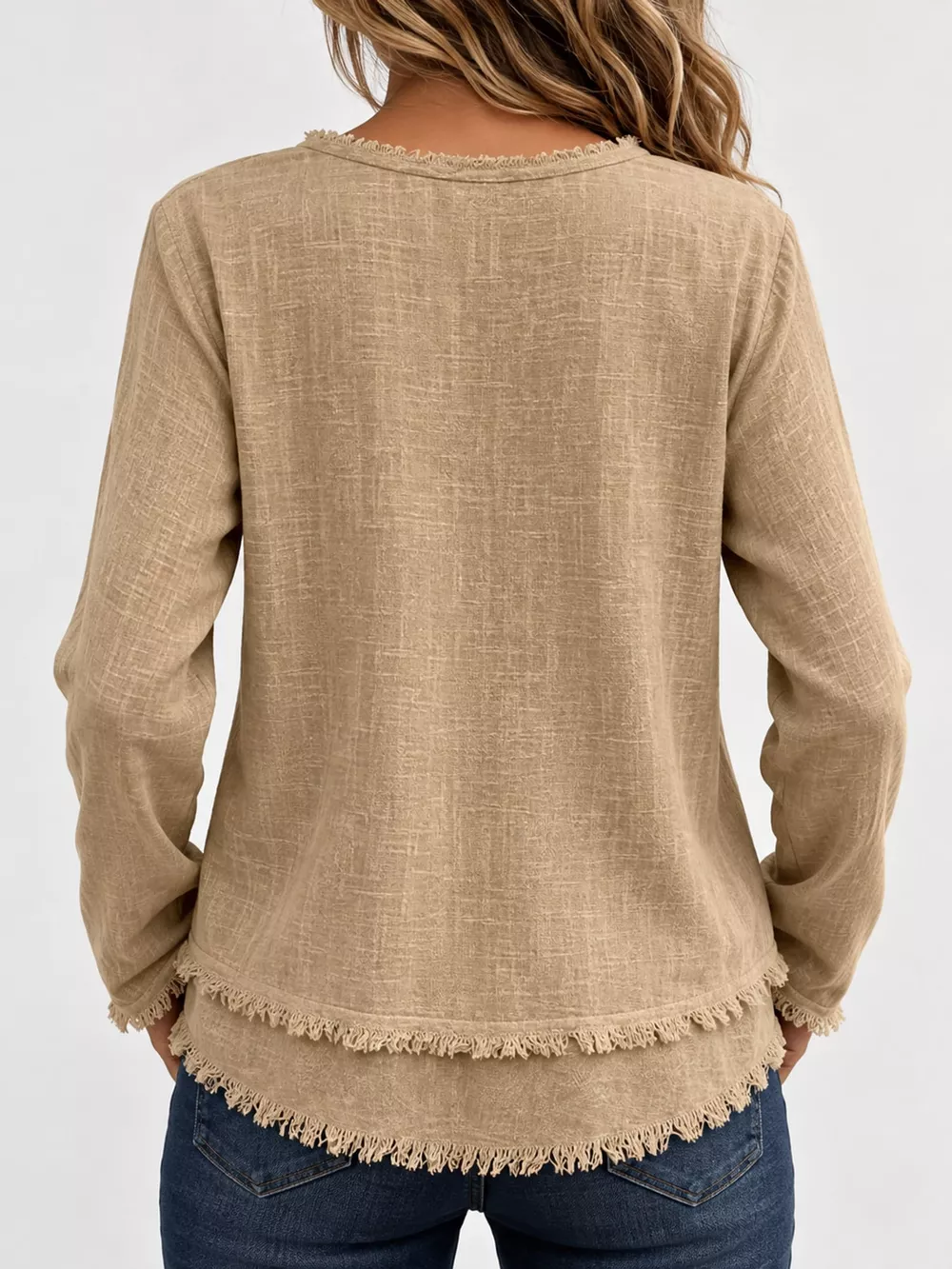 Full Size Frayed Hem V-Neck Blouse Plus Size, image 3