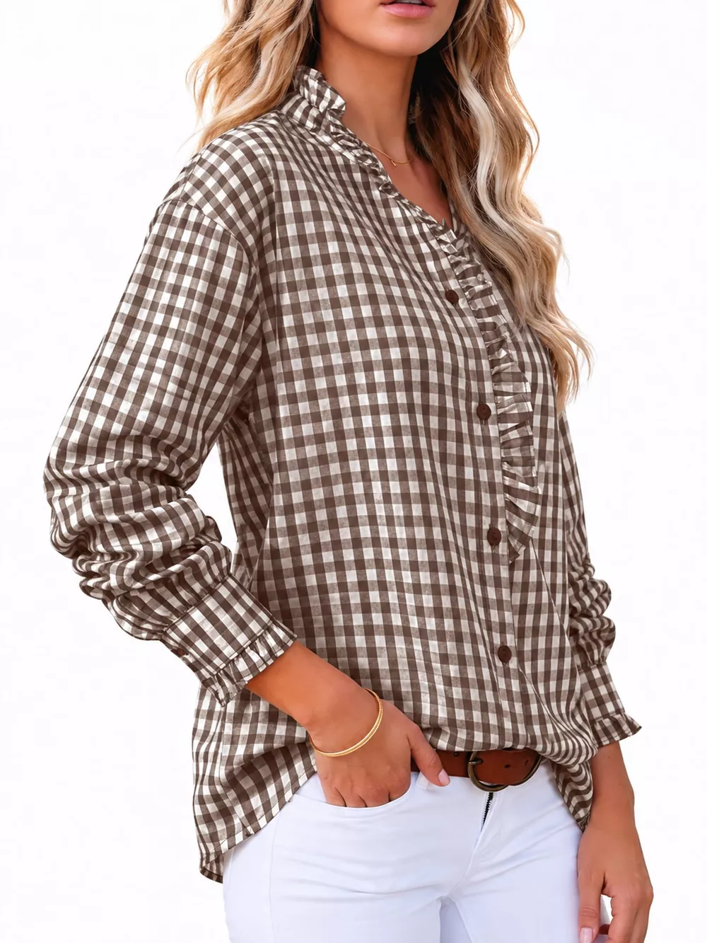 Gingham Ruffle Trim Stand Collar Shirt, image 19
