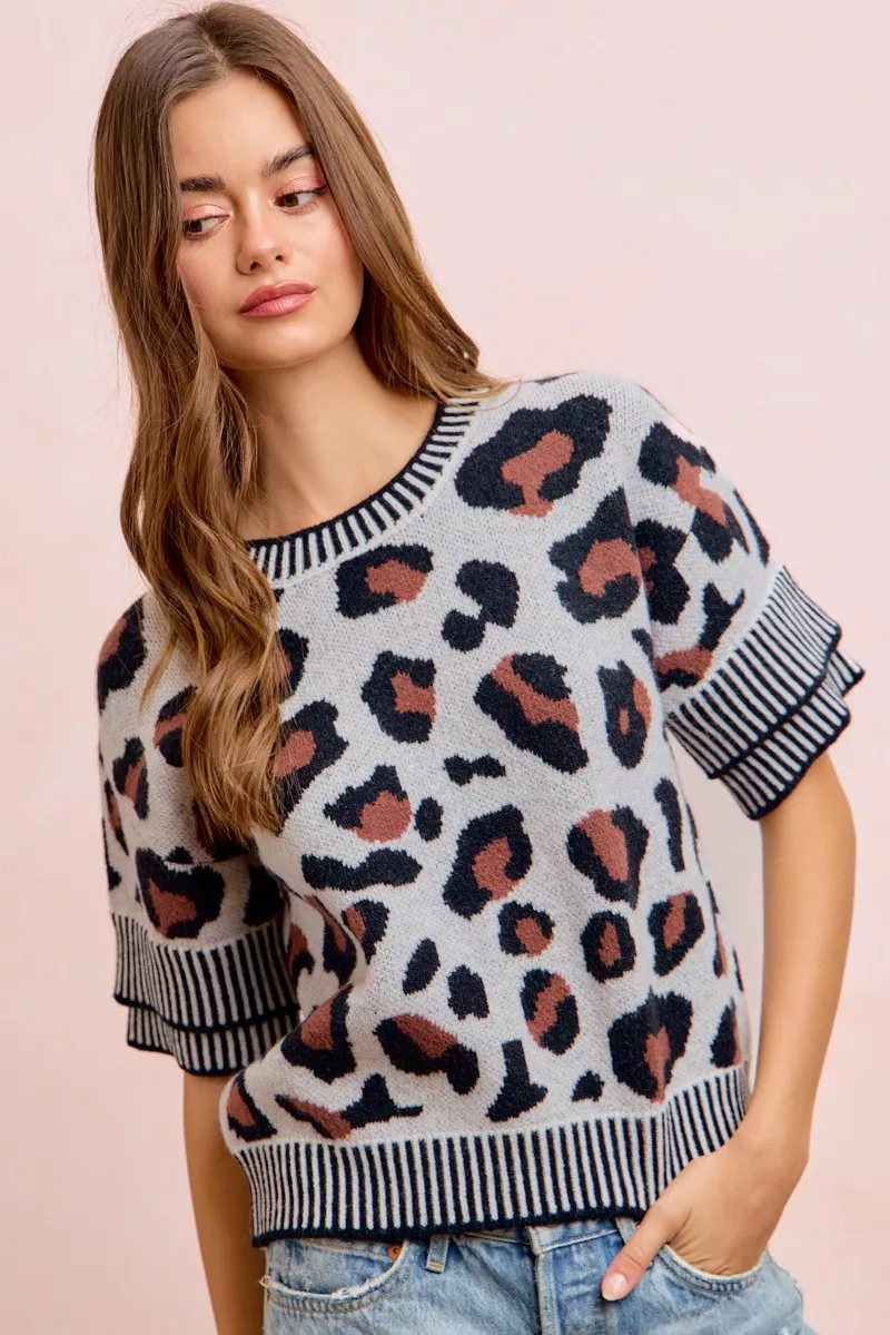 BiBi Two Tone Detail Leopard Knit Double Sleeves Top, image 12
