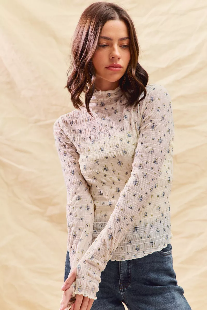 Floral Print Textured Long Sleeve Knit Top, image 2