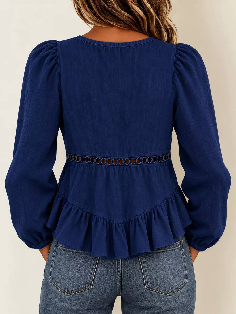 Long Sleeve Blouse with Eyelet Lace Trim and Ruffled Hem, image 25