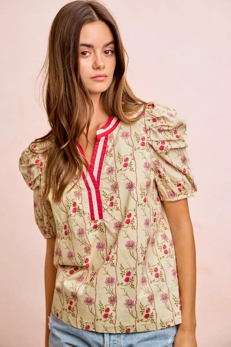 Floral Gather Sleeves Contrast Neckband Blouse Top, image 15