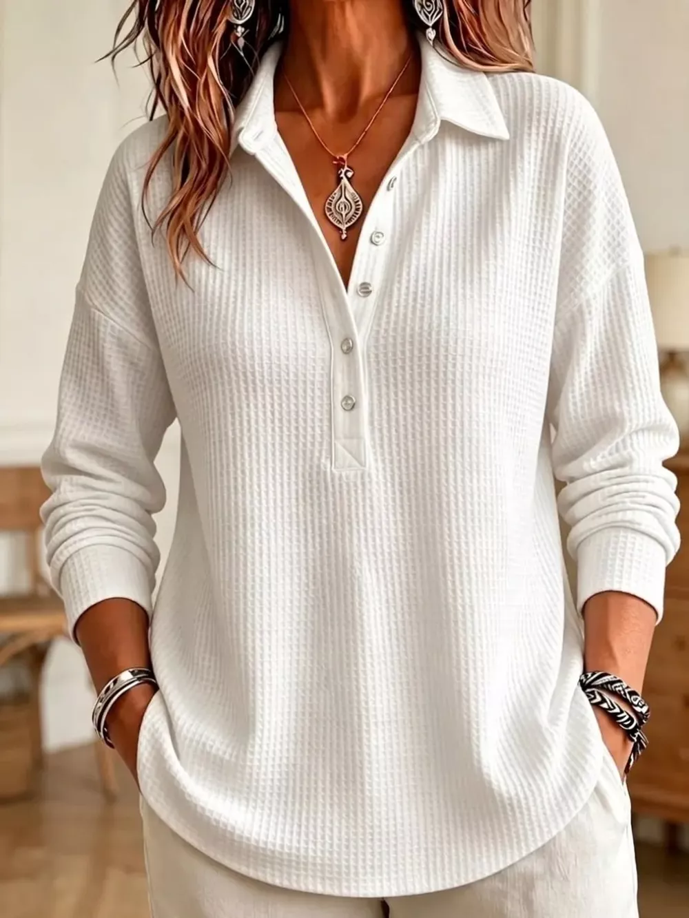 Full Size Waffle Knit Button Detail Top Plus Size, image 3