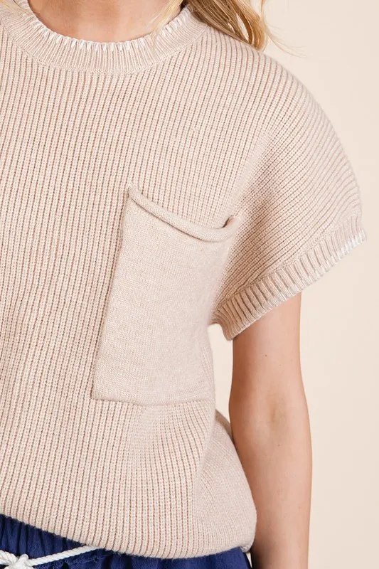 Solid Cap Sleeve Stitch Edge Knit Sweater, image 9