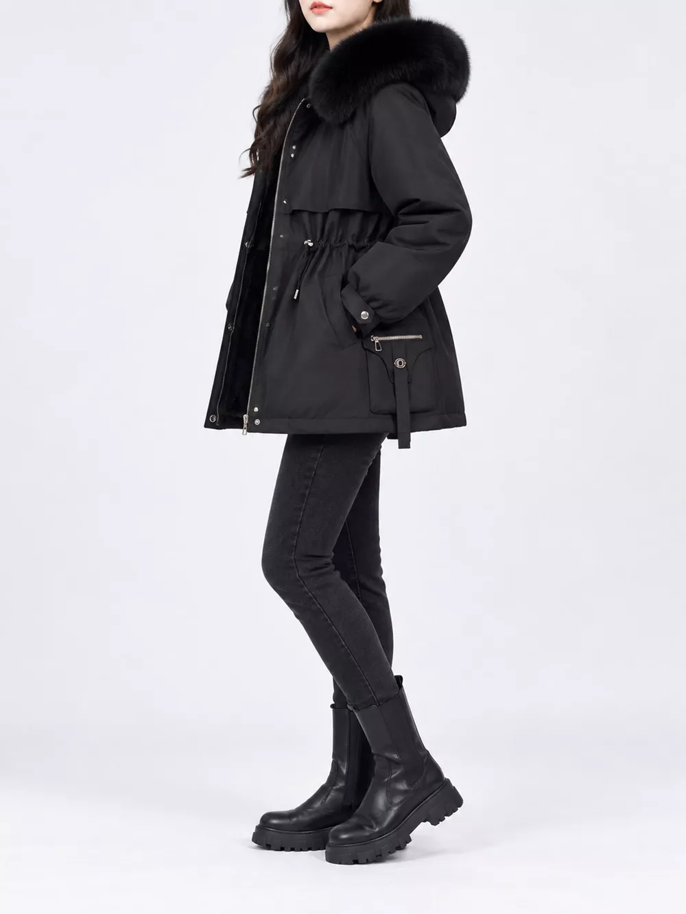 Plus Size Faux Fur Hooded Drawstring Waist Winter Parka Outerwear, image 6