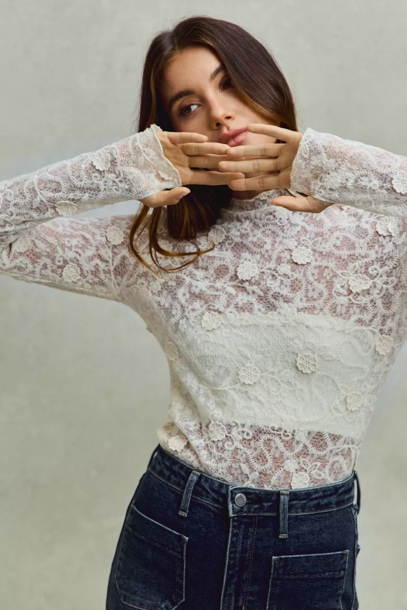 Lace Long Sleeve 3d Effect Floral Layering Top, image 16