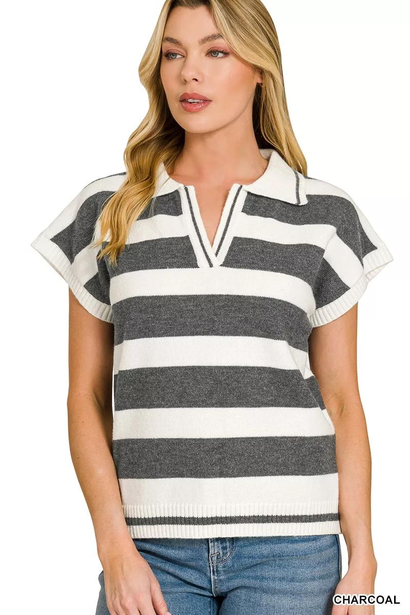 Striped Collared Short Sleeve Sweater