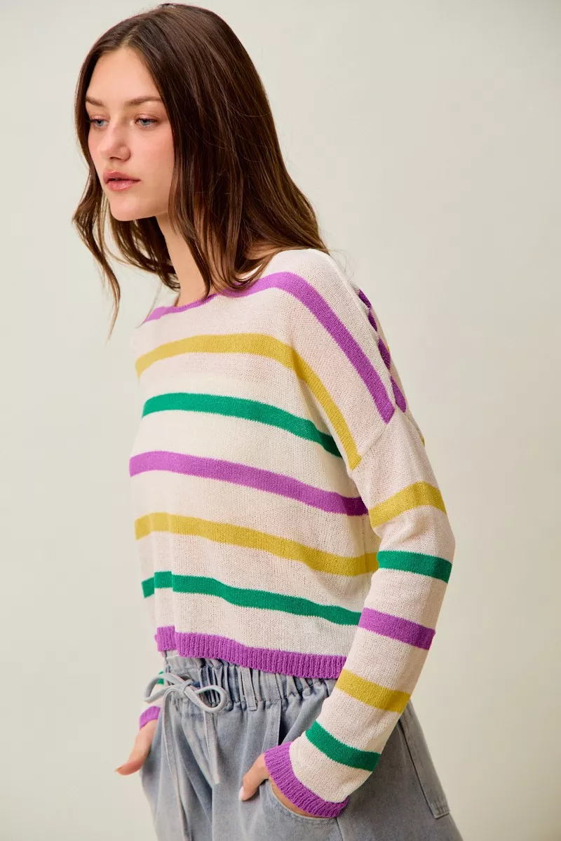 Mardi Gras Color Stripe Lightweight Sweater Top, image 24