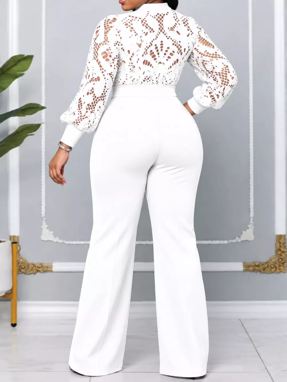 Full Size Lace Lantern Sleeve Flare Jumpsuit Plus Size, image 18