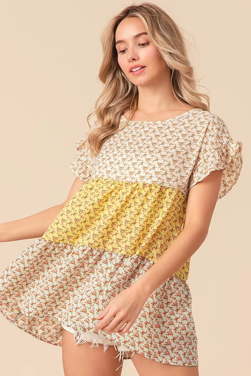Flroal Printed Woven Color Block and Tiered Top, image 18