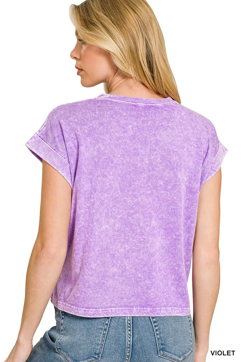 Halo Snow Washed Cotton Cuffed Short Sleeve Top, image 3