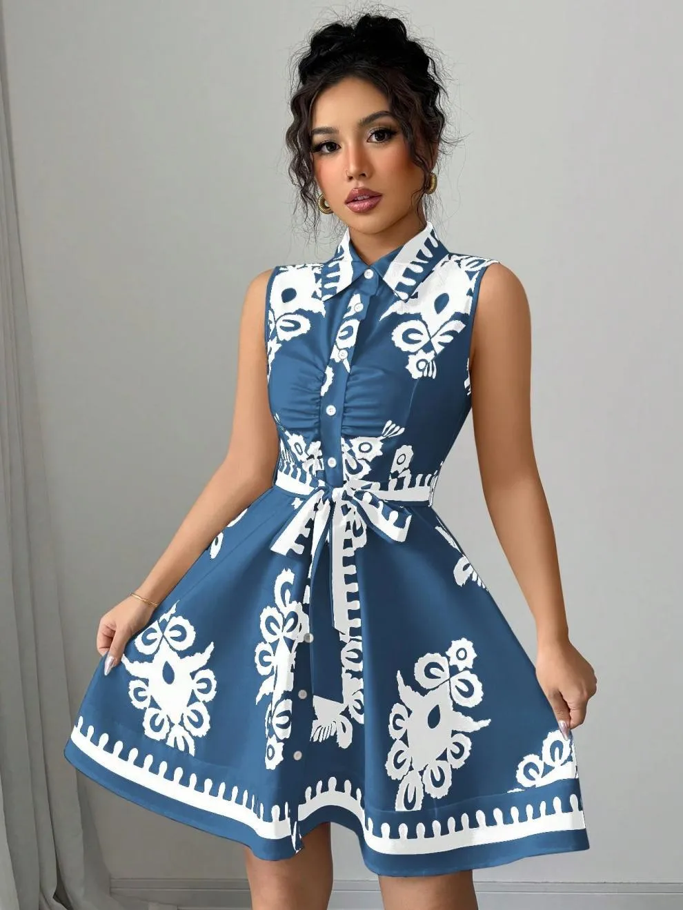 Printed Sleeveless Button Front Dress, image 13