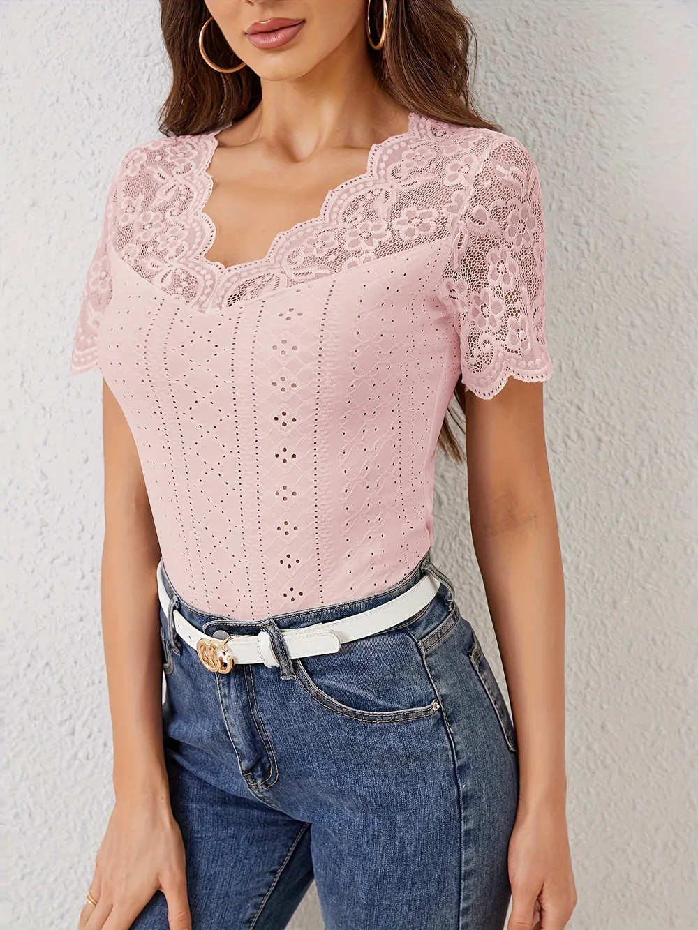 Lace Scalloped V-Neck Eyelet T-Shirt, image 25
