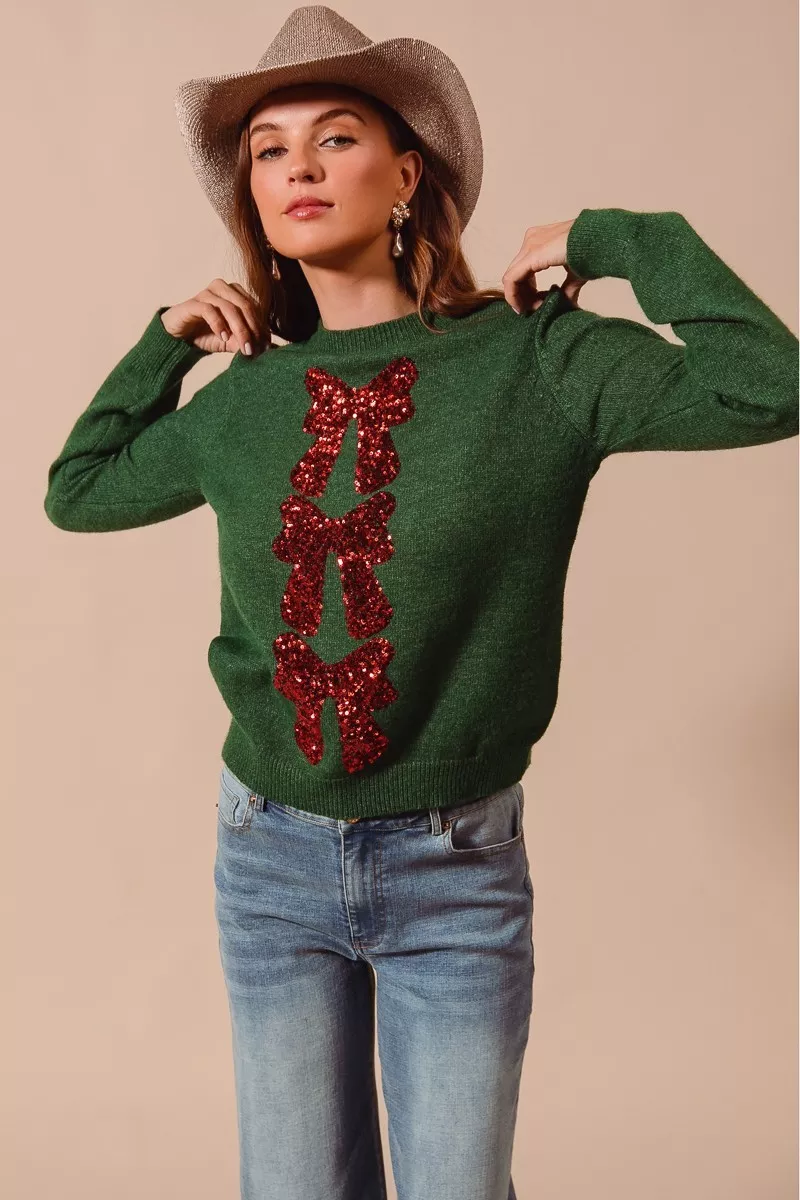 Sequins Bow Ribbon Embellished Christmas Sweater