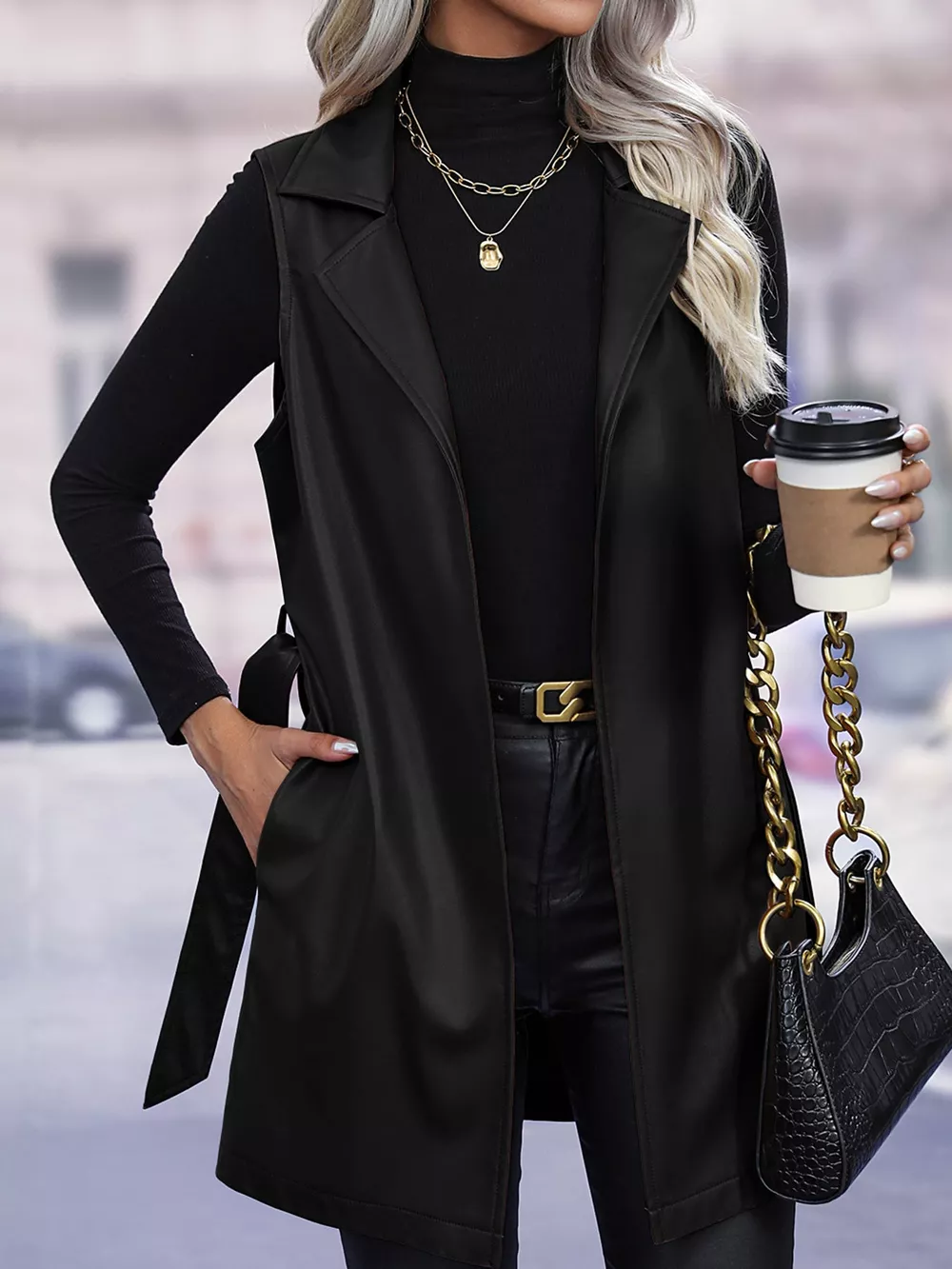 Tie Waist Longline Vest Coat, image 28