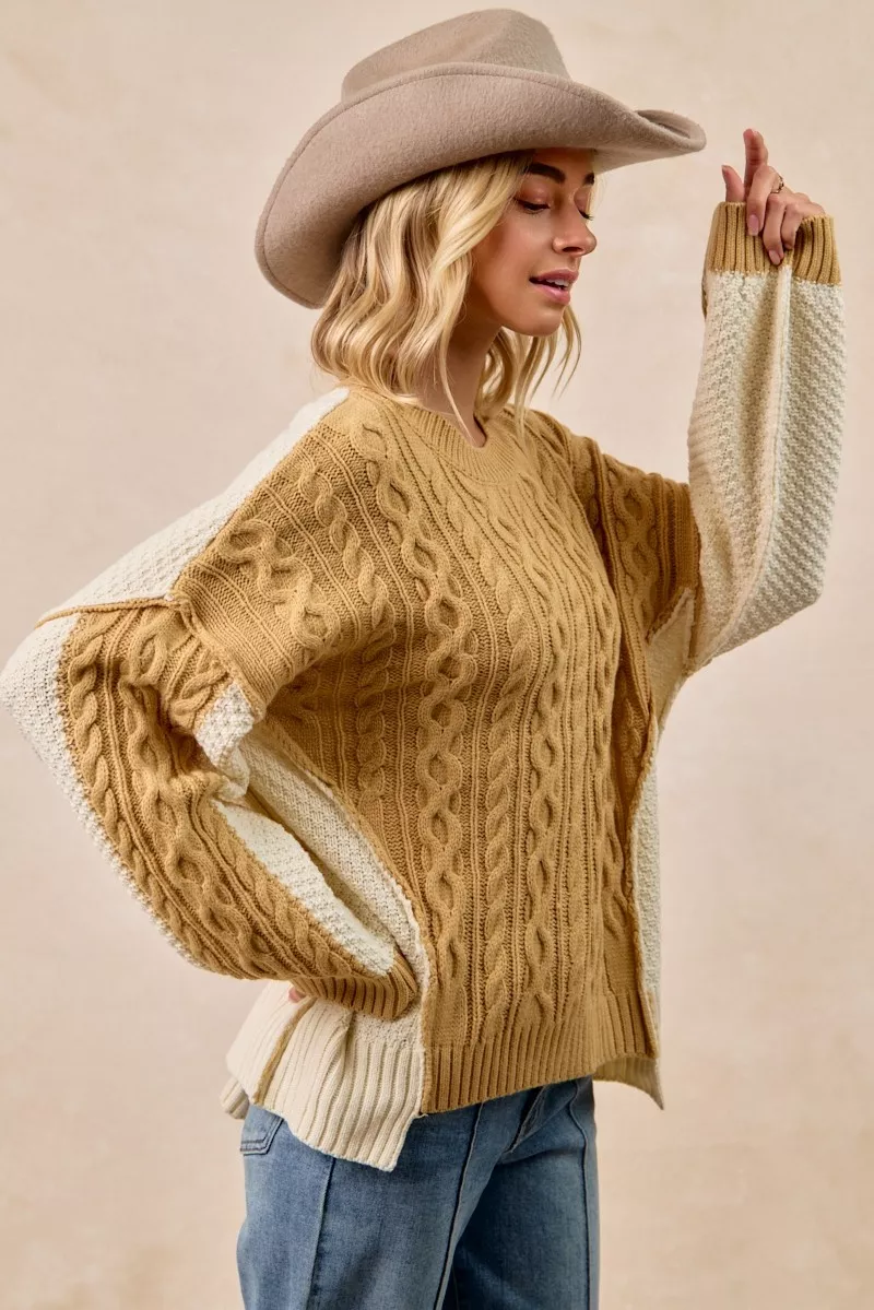 Cable Knit With Hacci Combo Sweater With Uneven Hem Detail, image 16