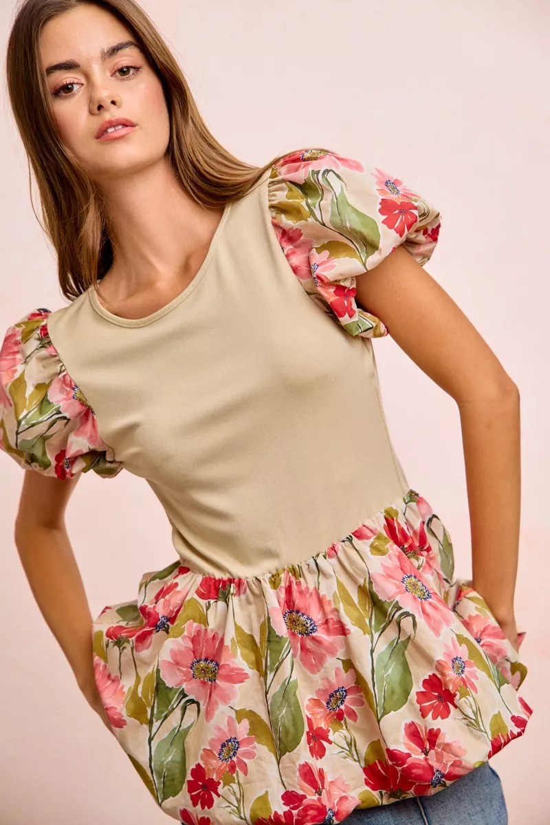 Floral Printed Bubble Sleeves and Hem Peplum Top, image 10