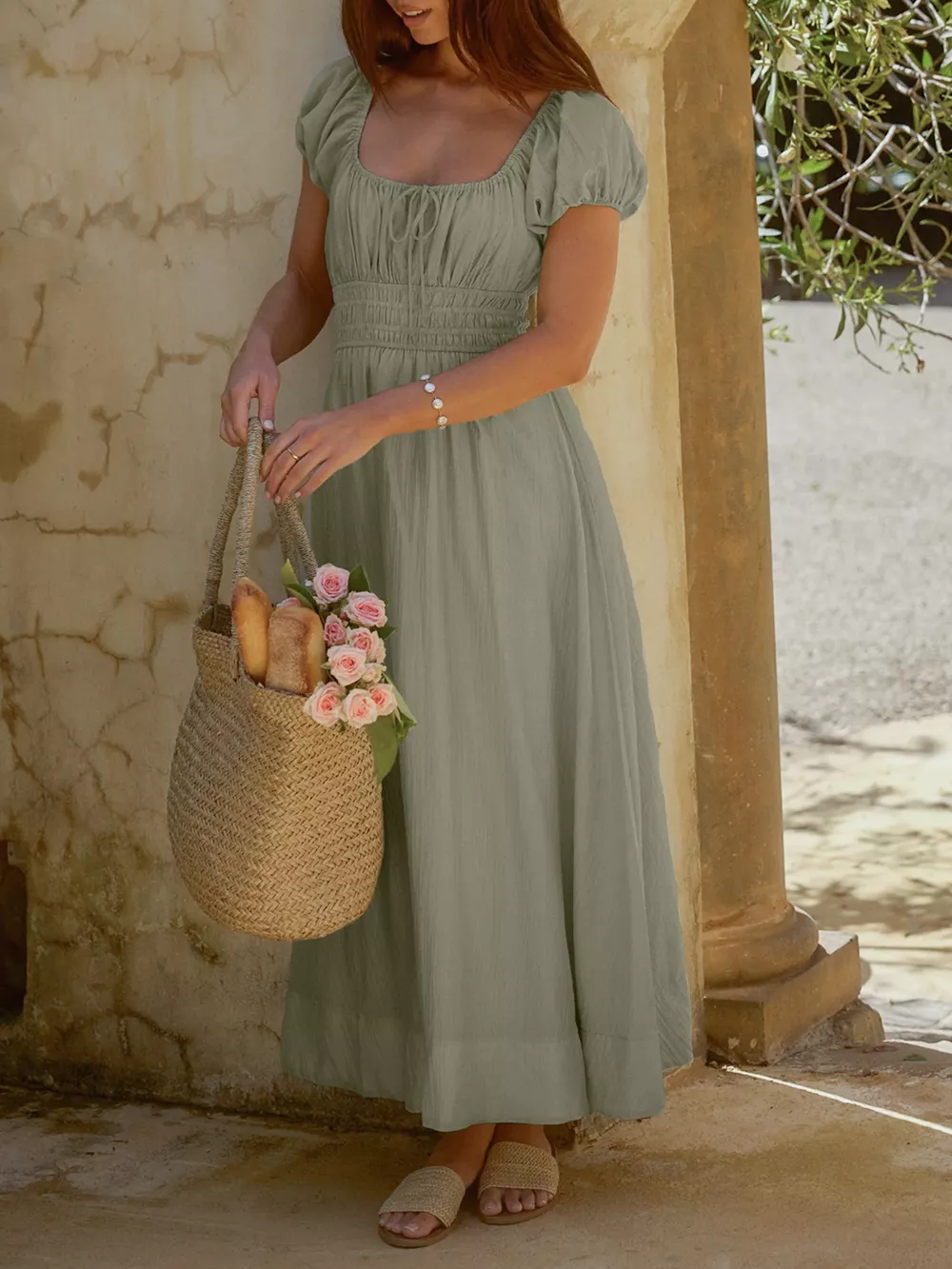Smocked Waist Puff Sleeve Maxi Dress, image 8