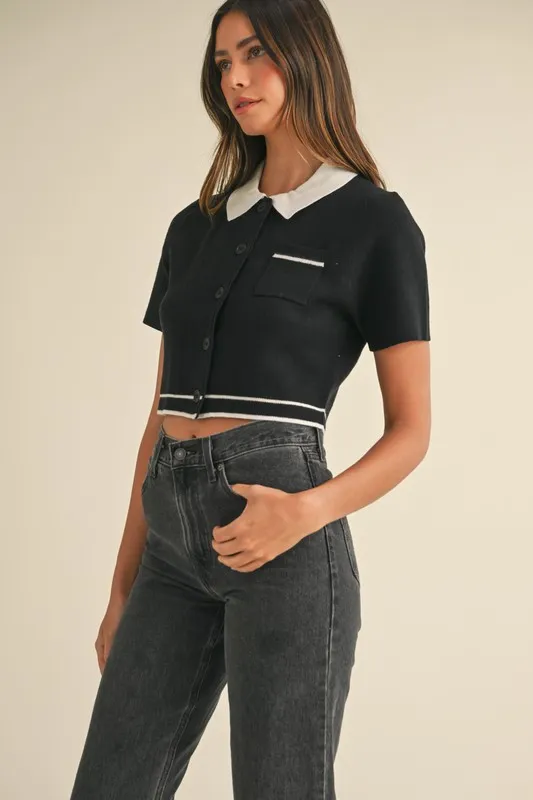 Button Down Contrast Collared Knit Cardigan, image 5