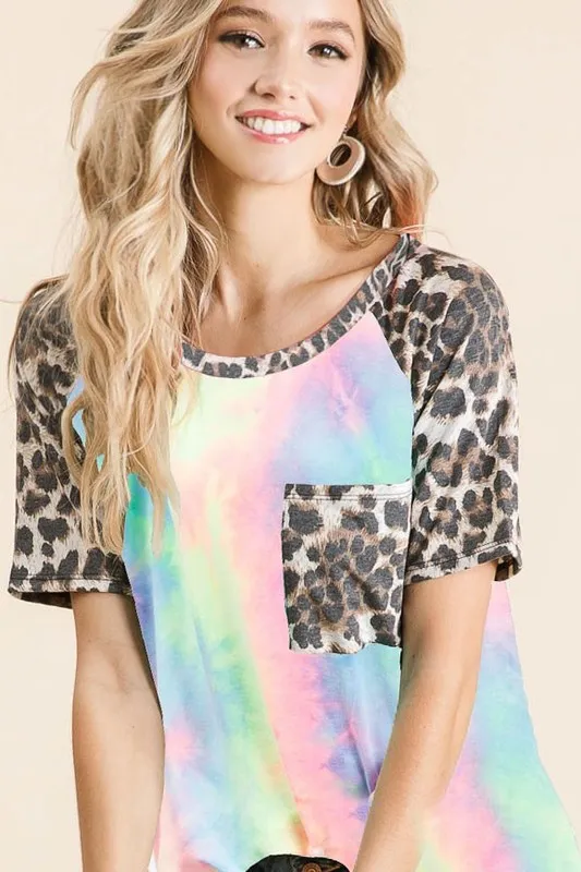 Tie Dye Knit Top with Leopard Raglan Sleeves