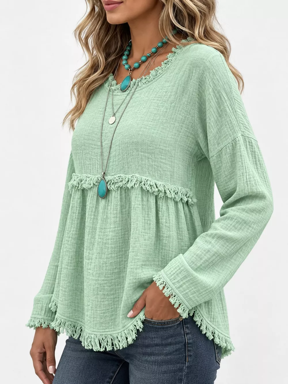 Full Size Frayed Hem Textured Blouse Plus Size, image 25