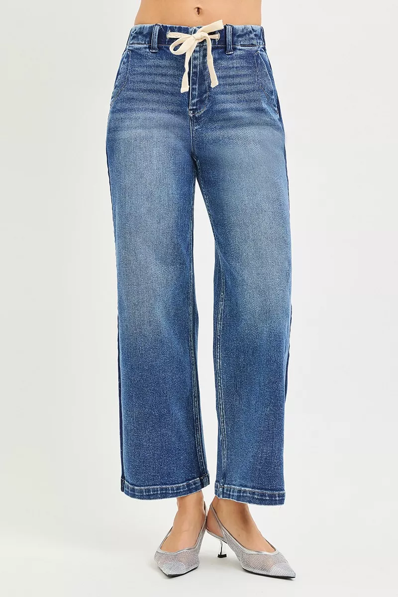 Elastic Band High Rise Cropped Wide Jeans
