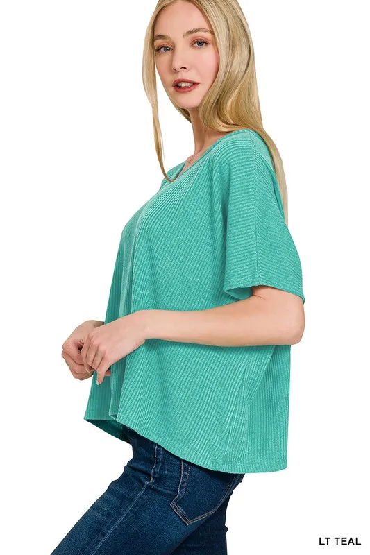 Ribbed V-Neck Short-Sleeve Knit Top, image 2