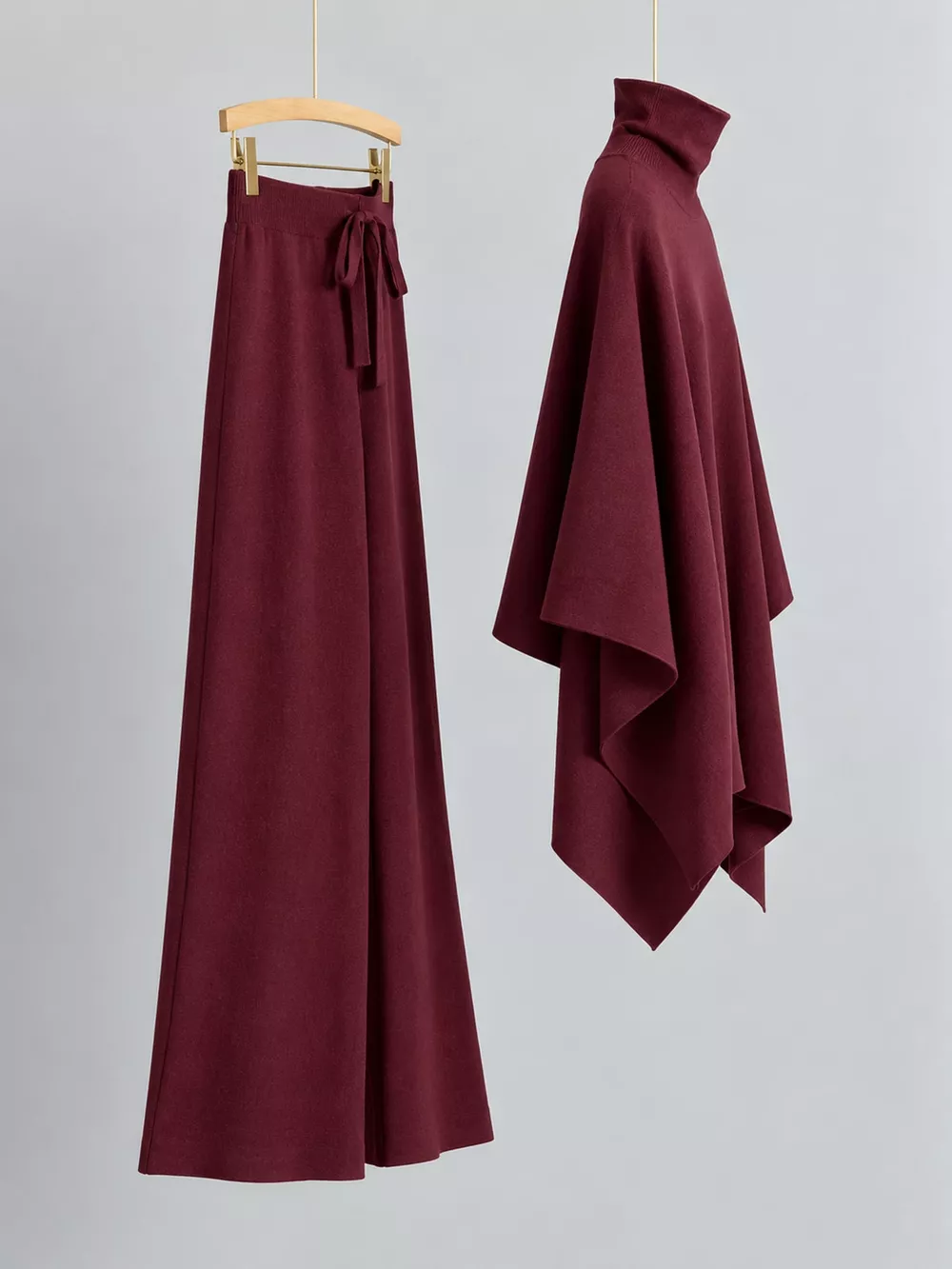 Elegant Turtleneck Poncho Sweater and Wide-Leg Knit Pants Set, image 6